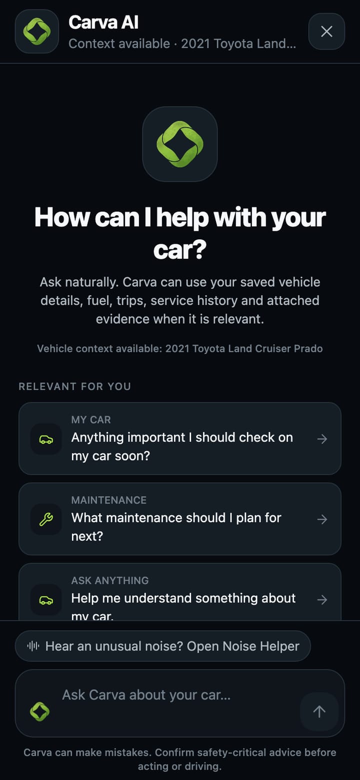 The Carva AI chat screen with vehicle context loaded for a 2021 Toyota Land Cruiser Prado and suggested questions