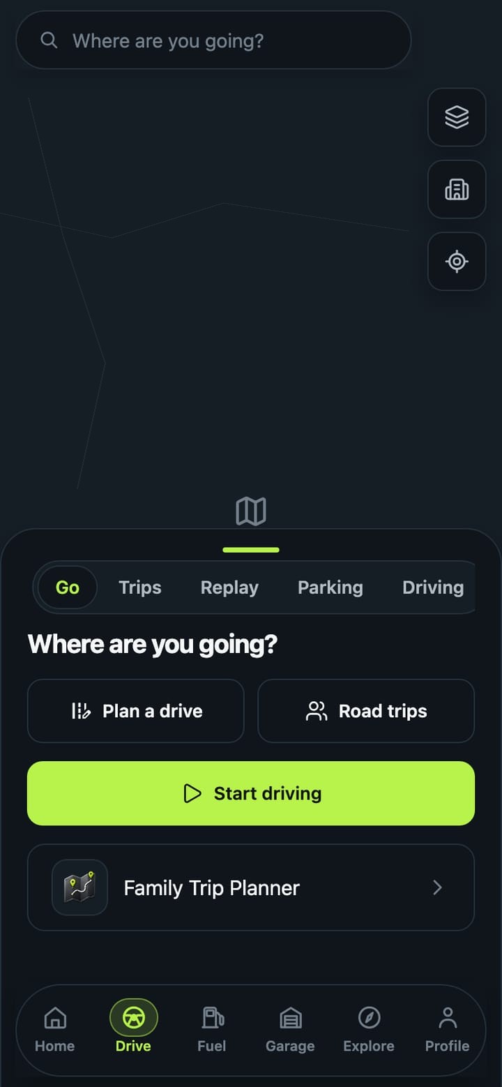 The Carva Drive screen with Plan a drive, Road trips and Start driving, plus Trips, Replay, Parking and Driving tabs