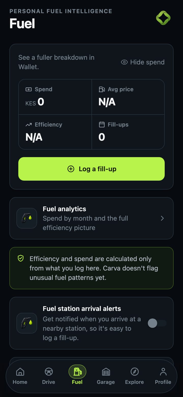 The Carva Fuel screen with spend, average price, efficiency and fill-up totals, plus fuel analytics and station arrival alerts