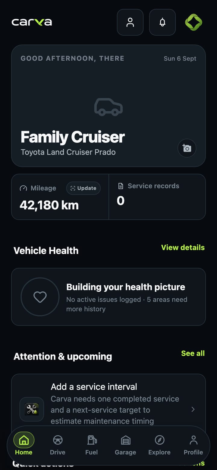 The Carva Home screen for a 2021 Toyota Land Cruiser Prado, showing mileage, vehicle health, attention & upcoming items and quick actions