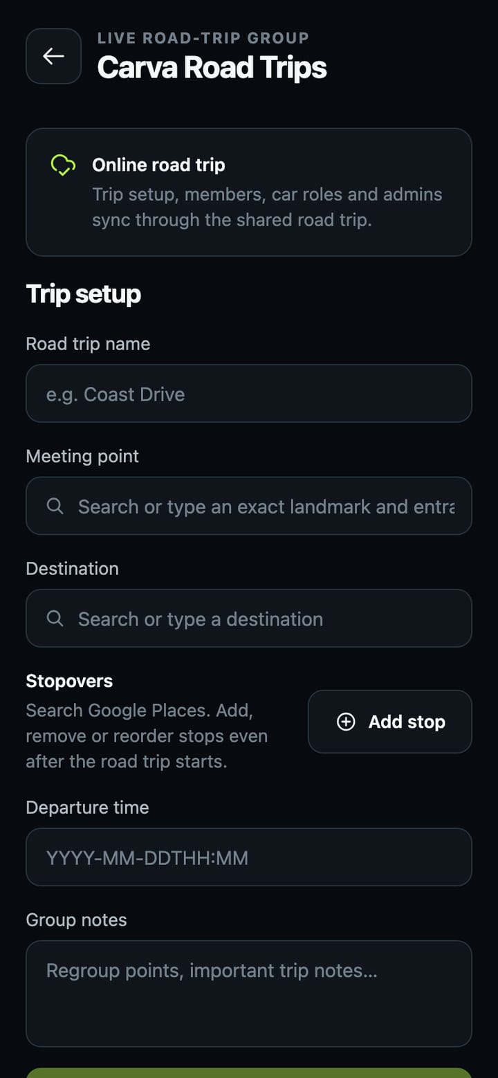 The Carva Road Trips setup screen with road trip name, meeting point, destination, stopovers and departure time fields